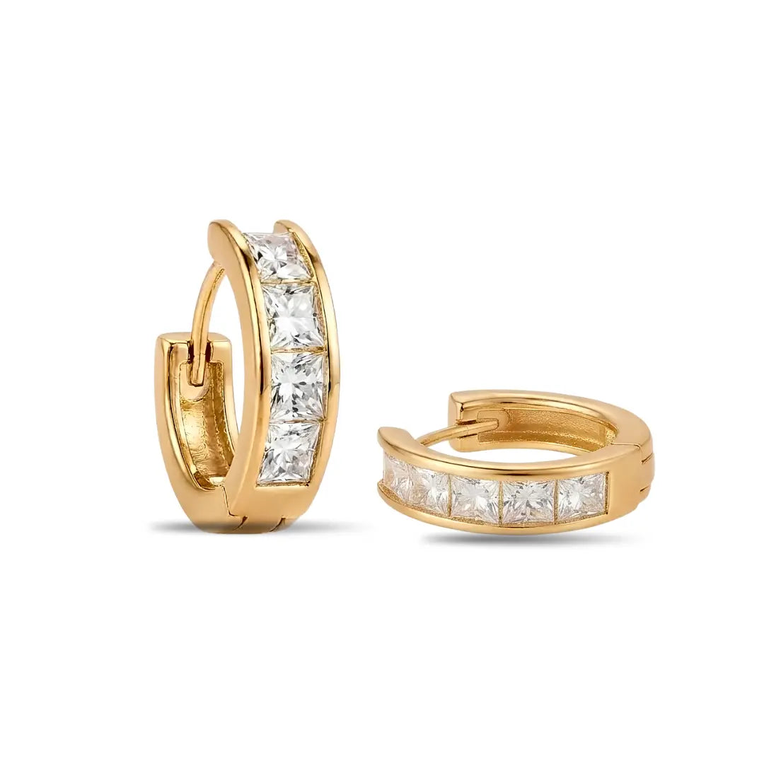 18K Gold Filled Baguette Crystal Huggie Hoop Earrings – 15mm x 15mm Polished Geometric Click-Lock Earrings for Women